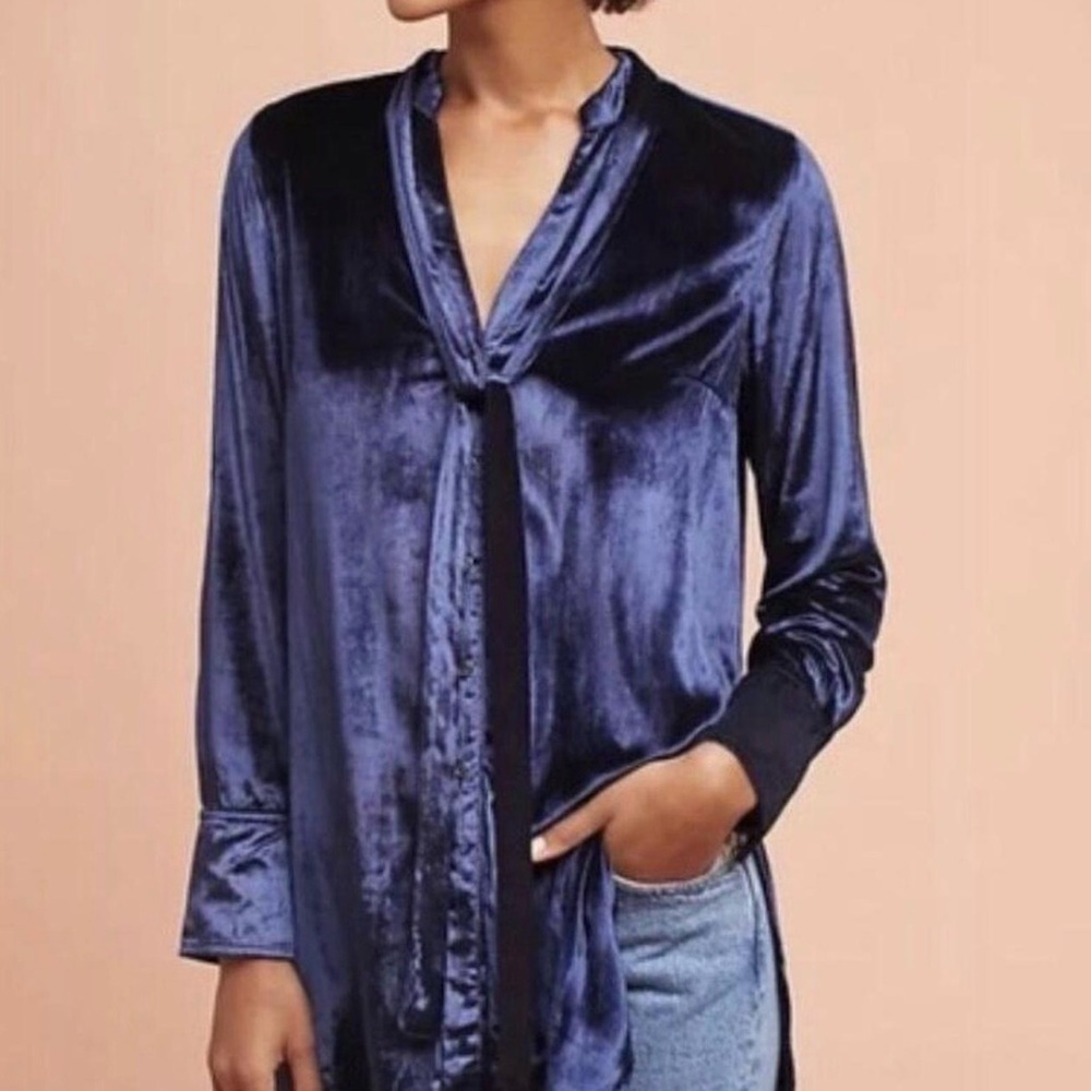 Maeve Navy Velvet Tie-Neck Blouse - Picture 4 of 5